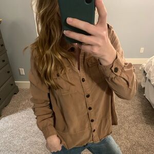 Beautiful Brown Tribal Jean Button Down Blouse with Pockets